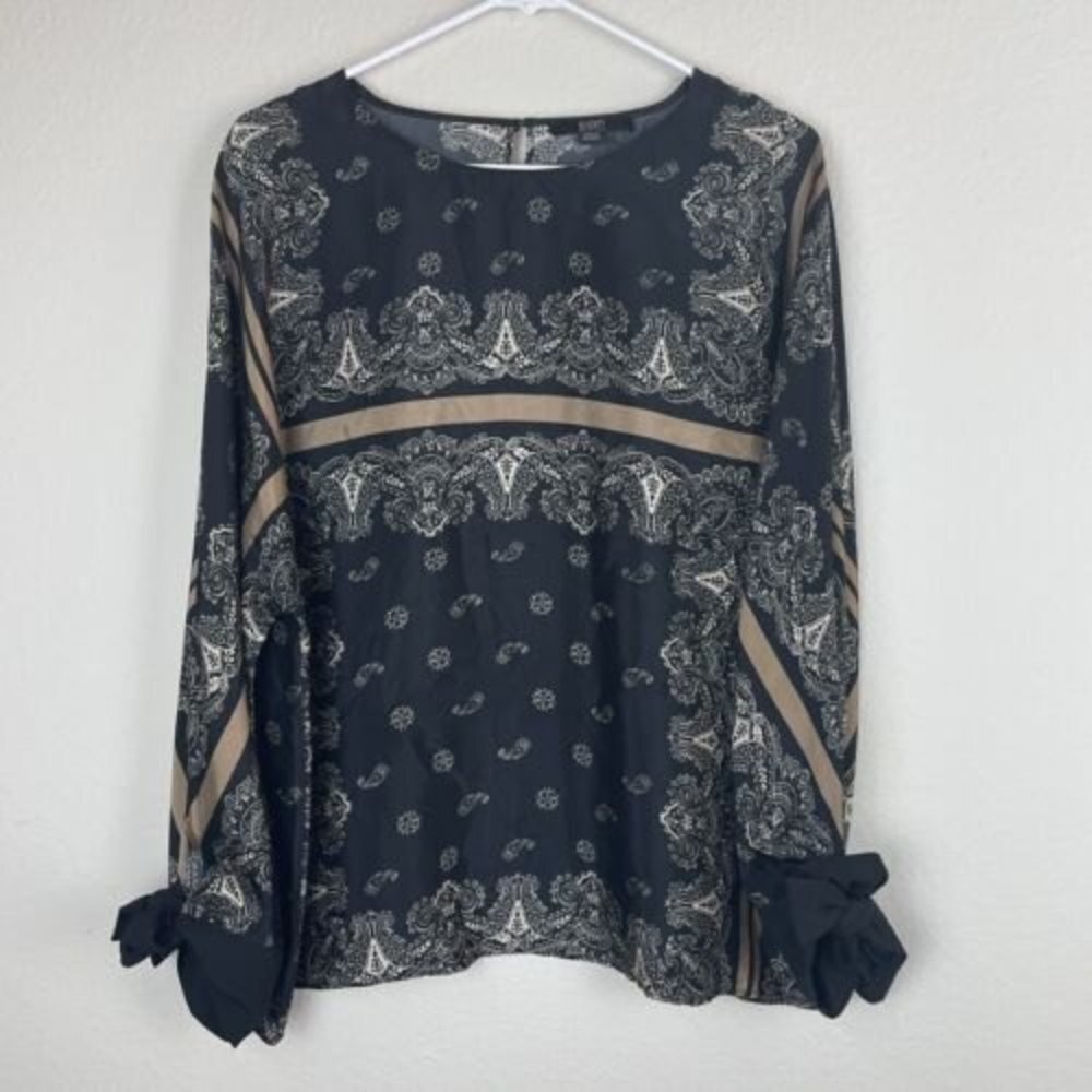 SEVENTY Sergio Tegon Paisley Print Blouse Large Black Bronze Cuff Tie To…